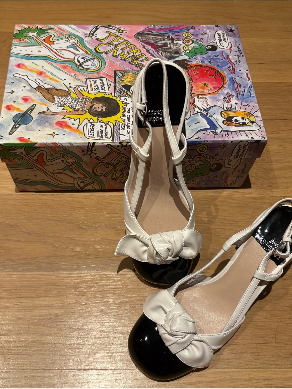 Jeffrey Campbell White and Black Bow T-Strap Heels